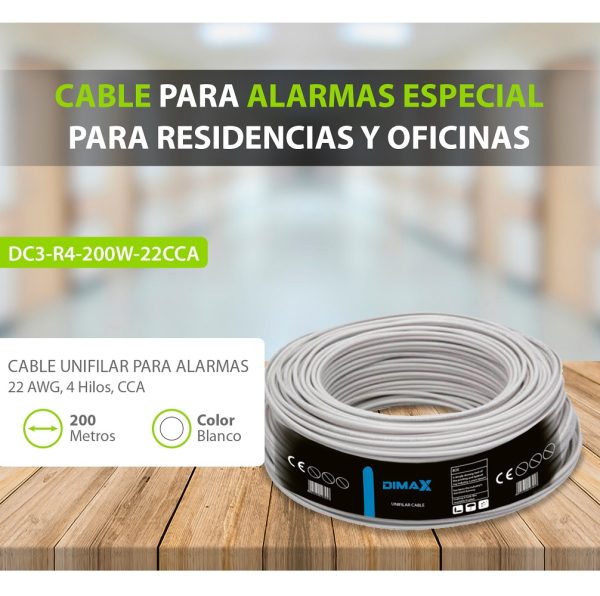 CABLE BLANCO UNIFILAR SISTEMAS ALARMA 4HILOS 22 AWG CCA 200M DIMAX DC3-R4-200W-22CCA - Imagen 2