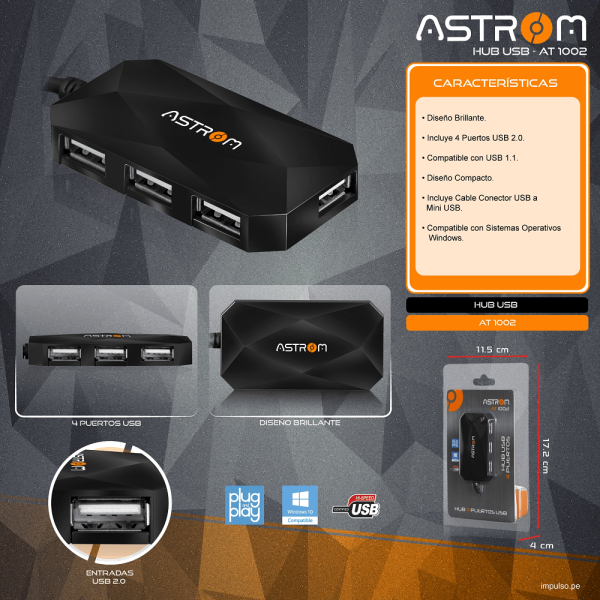 Hub Usb 2.0 De 4 Puertos Astrom AT-1002 Pc O Laptop - Imagen 3