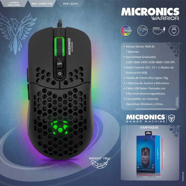 Mouse Gamer Micronics Rgb 7 Botones Warrior MIC GM827 7200 Dpi - Imagen 3