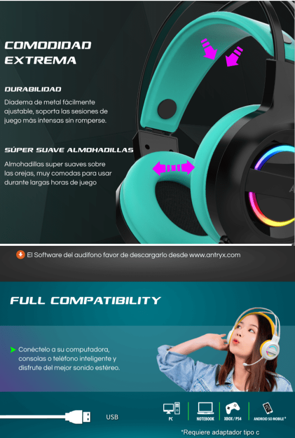 Audífono Gamer C/ Micrófono Antryx Iris-K Turquesa 7.1 Usb Agh-7100kte - Imagen 5