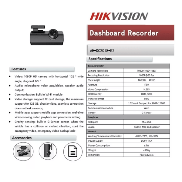 Cámara Vehículos dash Cam k2,Full HD,Wi-Fi,Nocturna,AE-DC2018-K2 Hikvision - Imagen 6