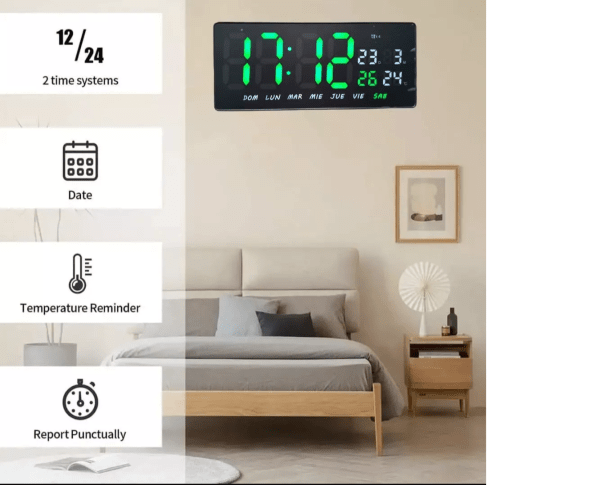 Reloj Digital de Pared LED con calendario fecha y Temperatura - Imagen 2