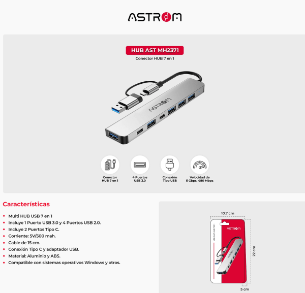 Hub 7 EN 1 entrada C y USB  ASTROM MH2371 - Imagen 2