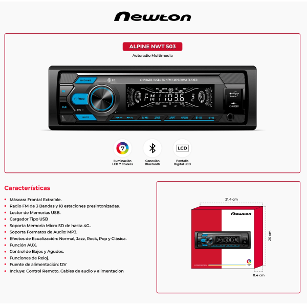 Autoradio FM AM BlueTooth USB SD AUX RC 7 Led ALPINE NWT503 NEWTON - Imagen 5