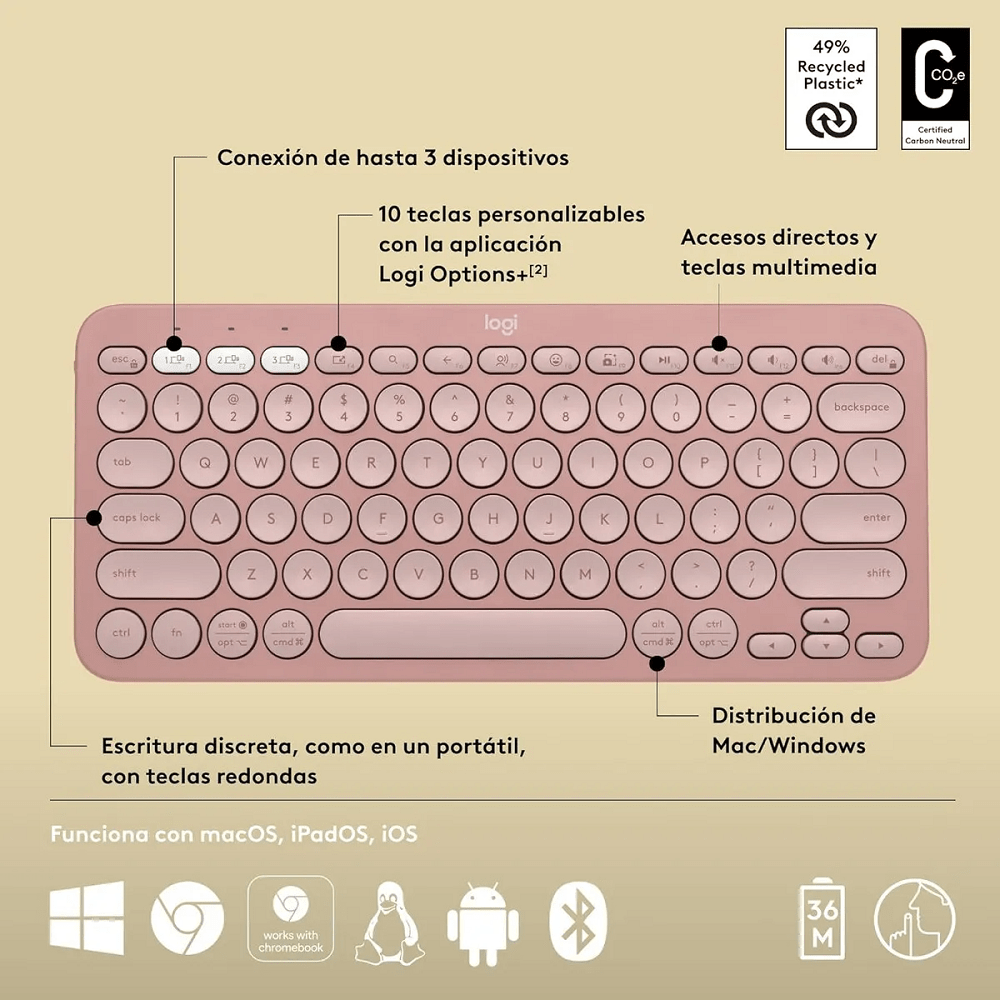 Teclado Inalambrico Bluetooth Logitech Pebble Keys 2 K380s Rosado Español - Imagen 5